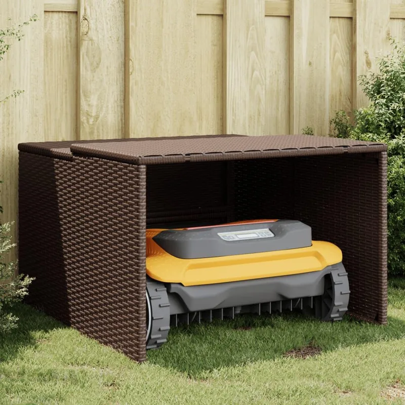 Garage til robotplæneklipper i polyrattan, brun, 86 x 90 x 52/57 cm